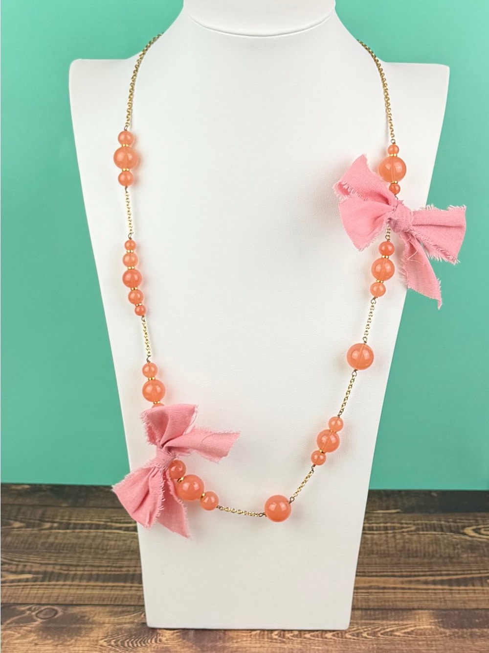 Vintage J Crew Coquette Pink Lucite Bead Station Necklace with Frayed Bows